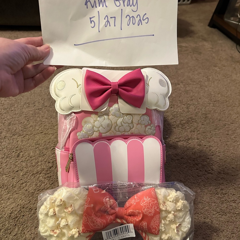 Pink and White Popcorn Backpack with Bow and Popcorn ears